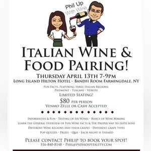 Italian wine tasting and food pairing April 13